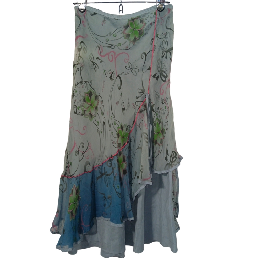 Layer 100% Silk Skirt Floral Print BoHo Lagenlook SZ Small